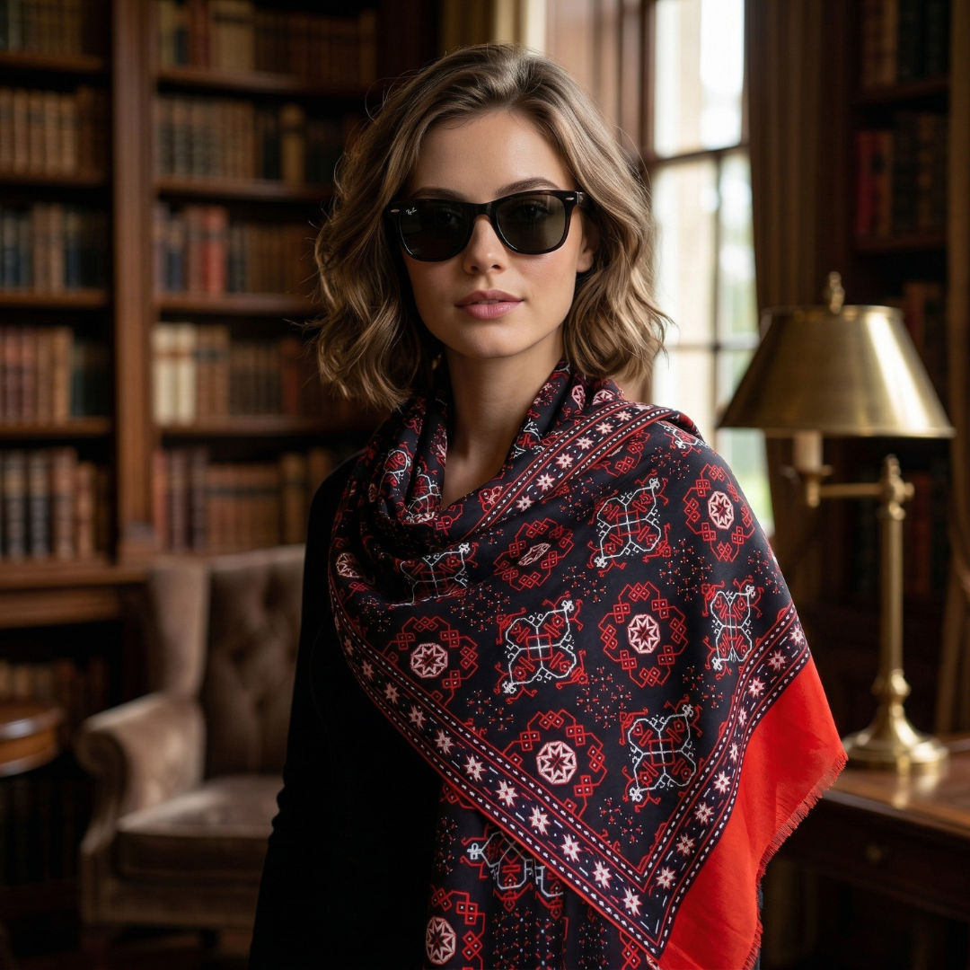 Black Traditional Ajrakh Print Scarf